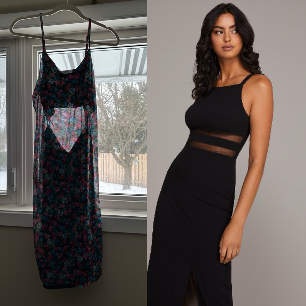 Suzy Shier sheer floral modest v-neck Gown With Illusion Mesh Waist Dress, midi